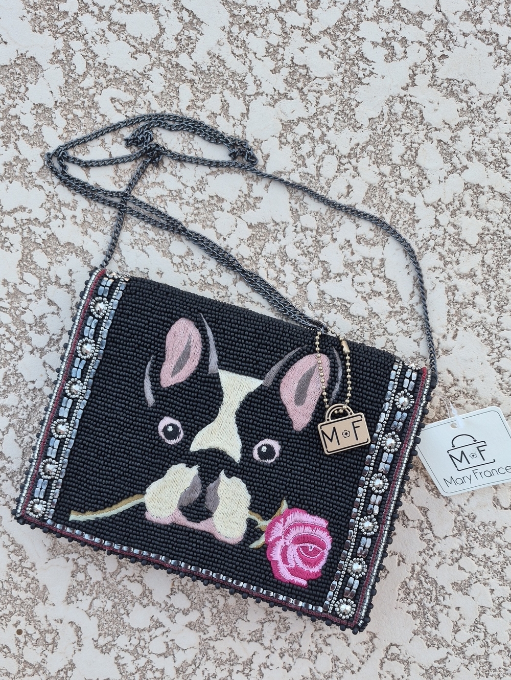 NWT Mary Frances Bow Wow Beaded Crossbody Bag French Bulldog Purse Dog Rose TL